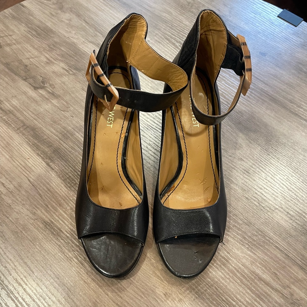 Nine West Black Peep Toe Heels with Buckle Strap
